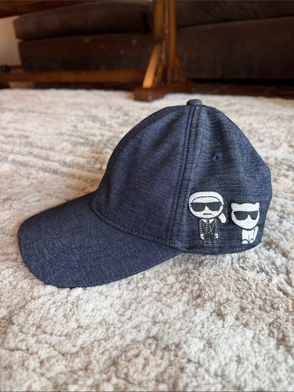 Karl Lagerfeld Dark Denim Baseball Cap with White Embroidered Characters
